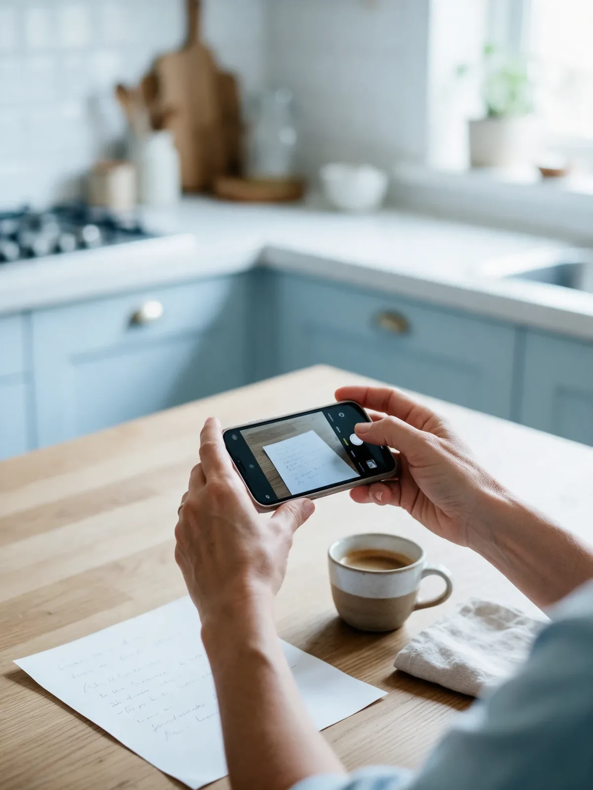 Mãos fotografam uma receita com o celular sobre a mesa, ao lado de uma xícara de café