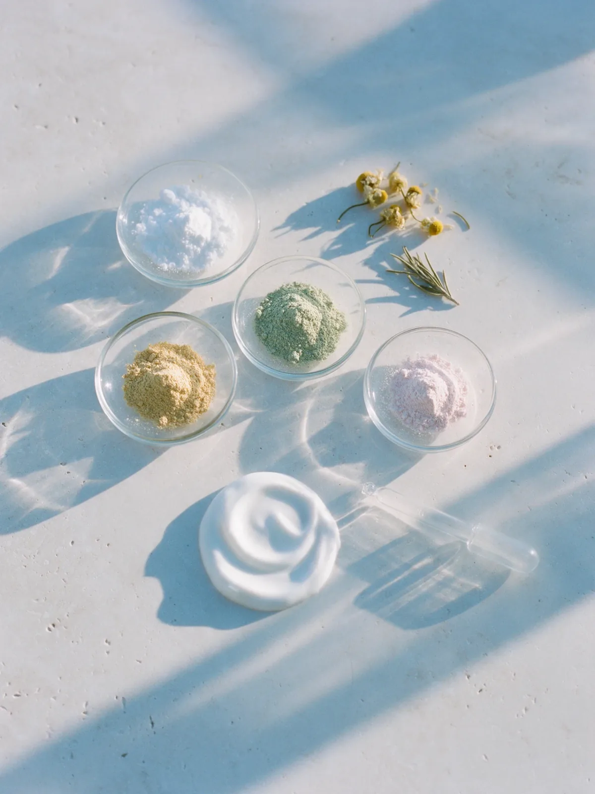 Placas de vidro com pós de diferentes cores, flores secas e creme sobre bancada clara